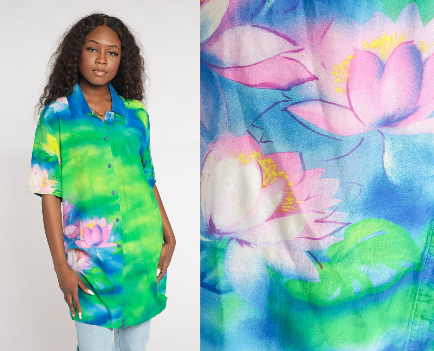 Y2K Water Lily Floral Button Up Blouse Blue Green Pink Short Sleeve Medium Large