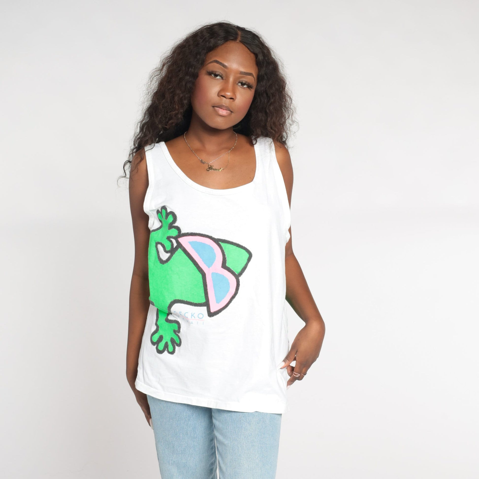 90s Gecko Hawaii Tank Top White Graphic Lizard Sleeveless Tee Large