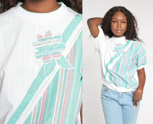 90s Floral Striped Colour Block Ribbed Shirt White Green Medium M