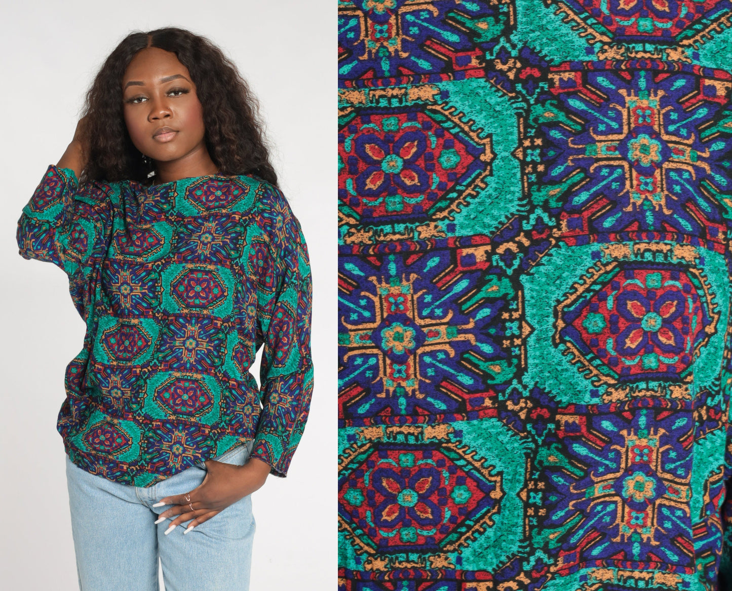 90s Geometric Tile Print Rayon Blouse Long Sleeve Medallion Top Medium