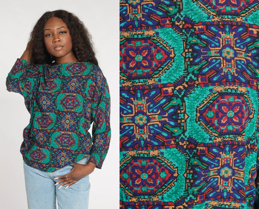 90s Geometric Tile Print Rayon Blouse Long Sleeve Medallion Top Medium