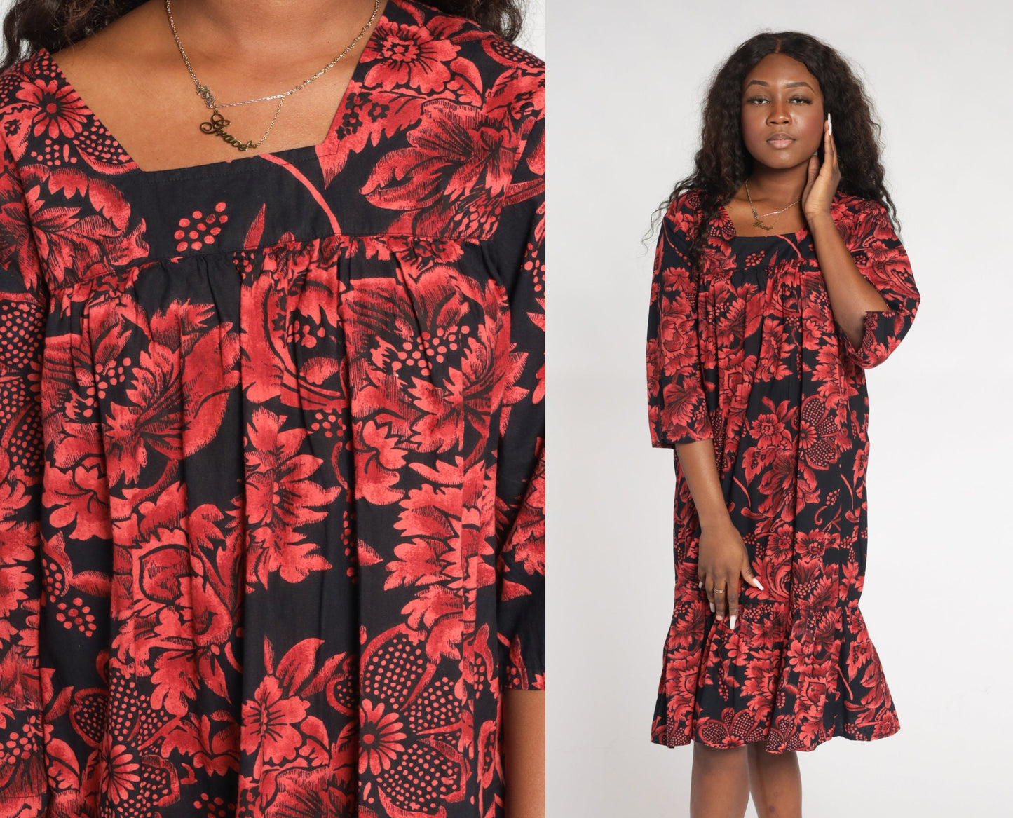 90s Black Red Floral Tent Dress Knee Length Cotton 3/4 Sleeve Medium M
