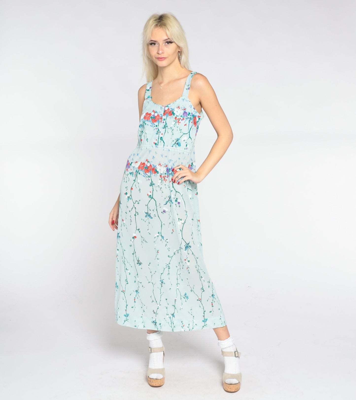 70s Baby Blue Floral Midi Dress Asian Inspired Bird Branch Print Sleeveless Small