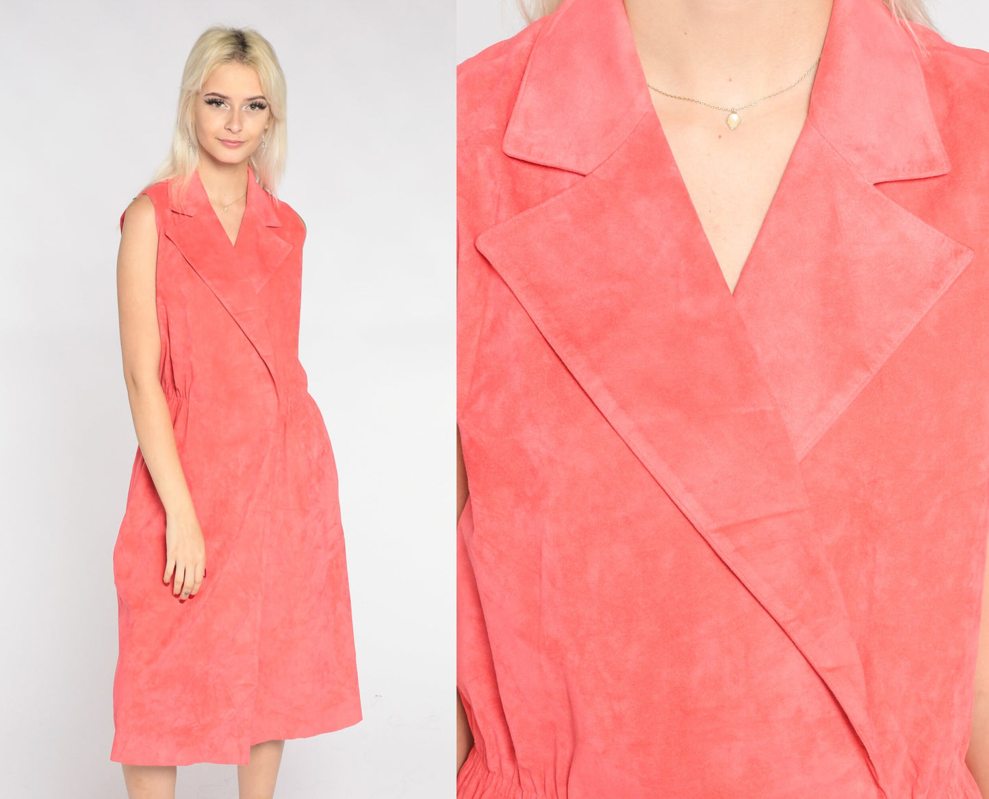 80s Salmon Pink Faux Suede Midi Dress Collared V-Neck Wrap High Waist Medium Large