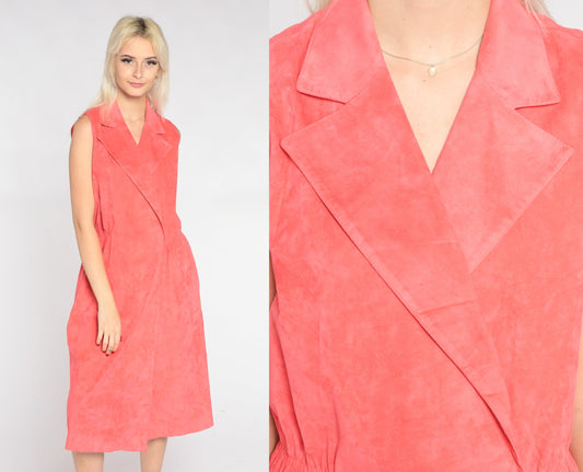 80s Salmon Pink Faux Suede Midi Dress Collared V-Neck Wrap High Waist Medium Large
