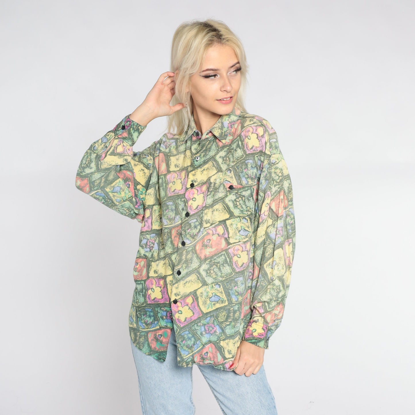 90s Abstract Floral Button-Up Shirt Long Sleeve Collared Green Yellow Pink Medium