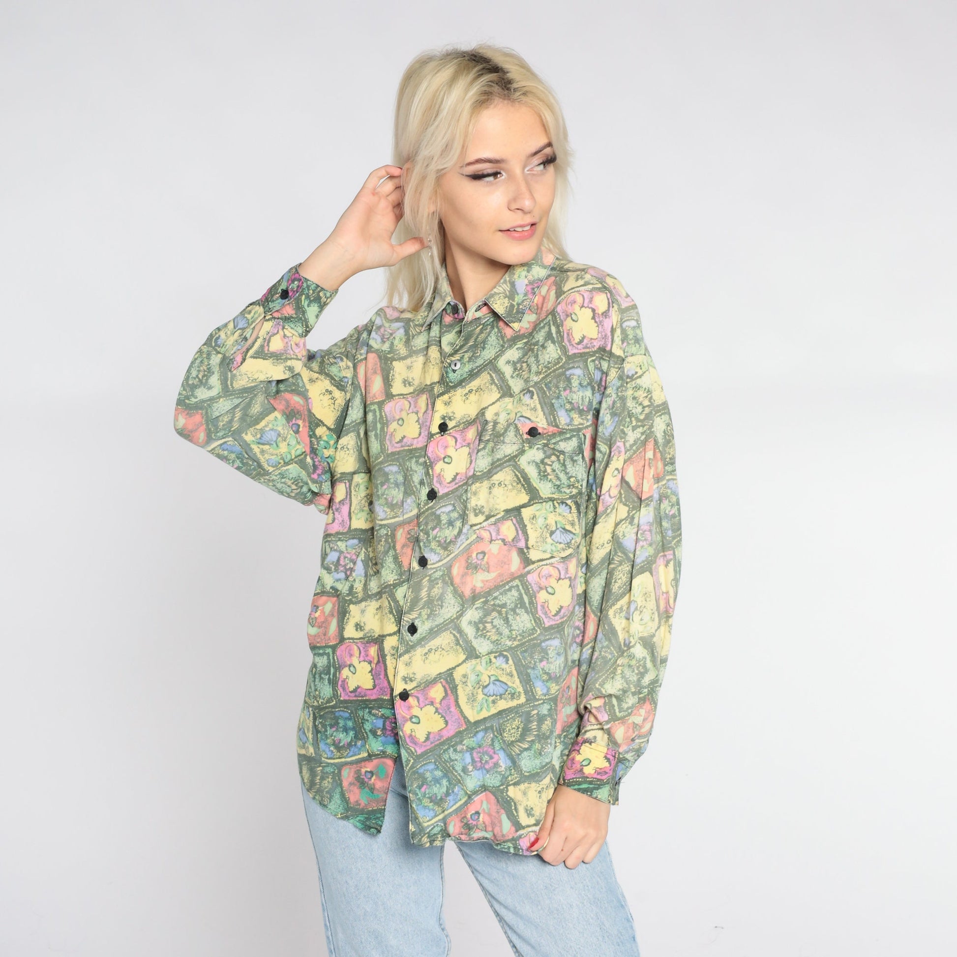 90s Abstract Floral Button-Up Shirt Long Sleeve Collared Green Yellow Pink Medium