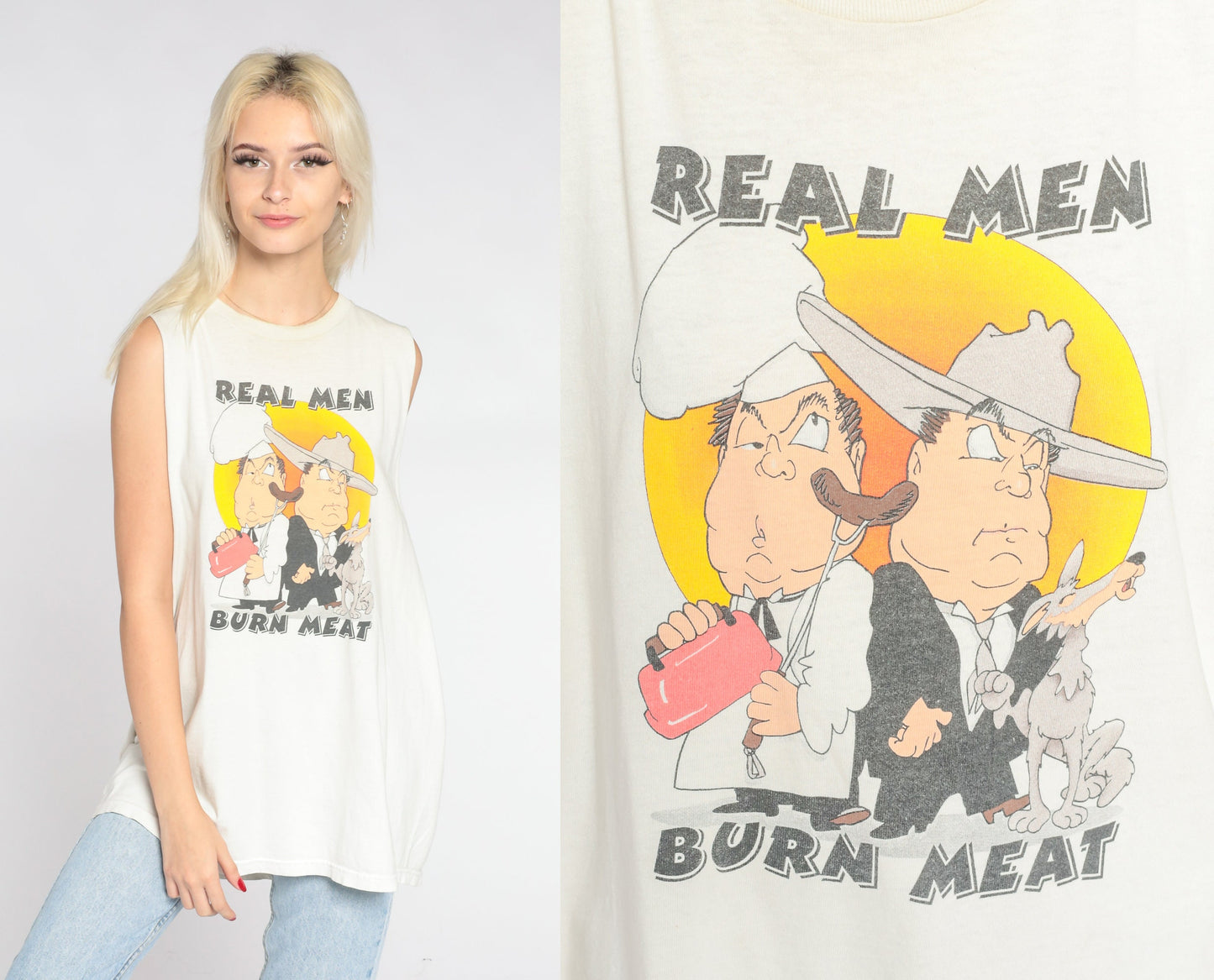 00s Real Men Burn Meat Graphic Tank Top White Cowboy Chef XXL
