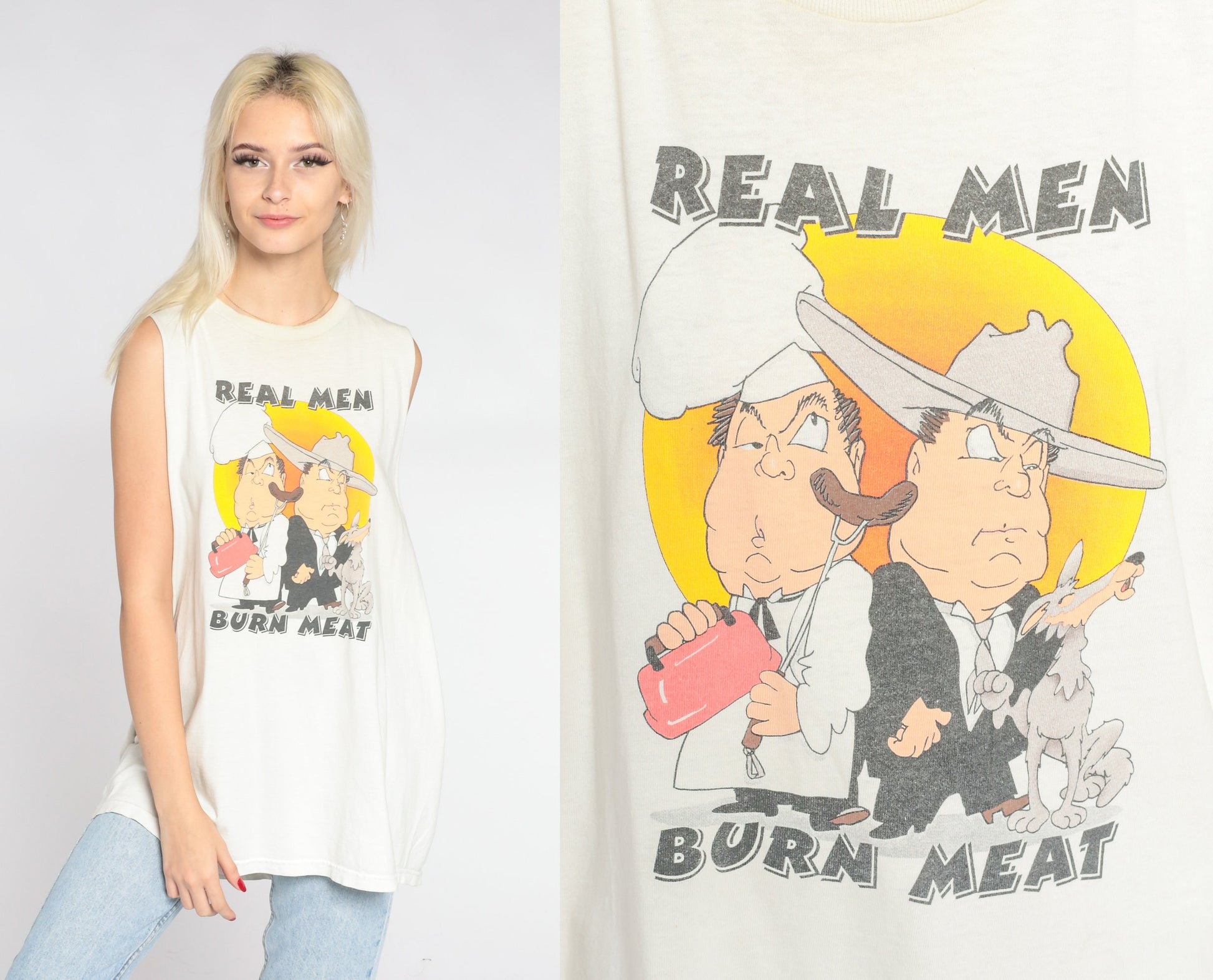 00s Real Men Burn Meat Graphic Tank Top White Cowboy Chef XXL