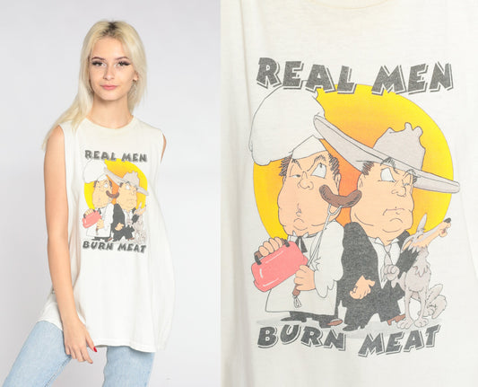 00s Real Men Burn Meat Graphic Tank Top White Cowboy Chef XXL