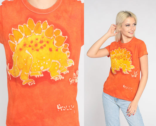 80s Stegosaurus Dinosaur Tie Dye Graphic T-Shirt Holly Orange Single Stitch XS