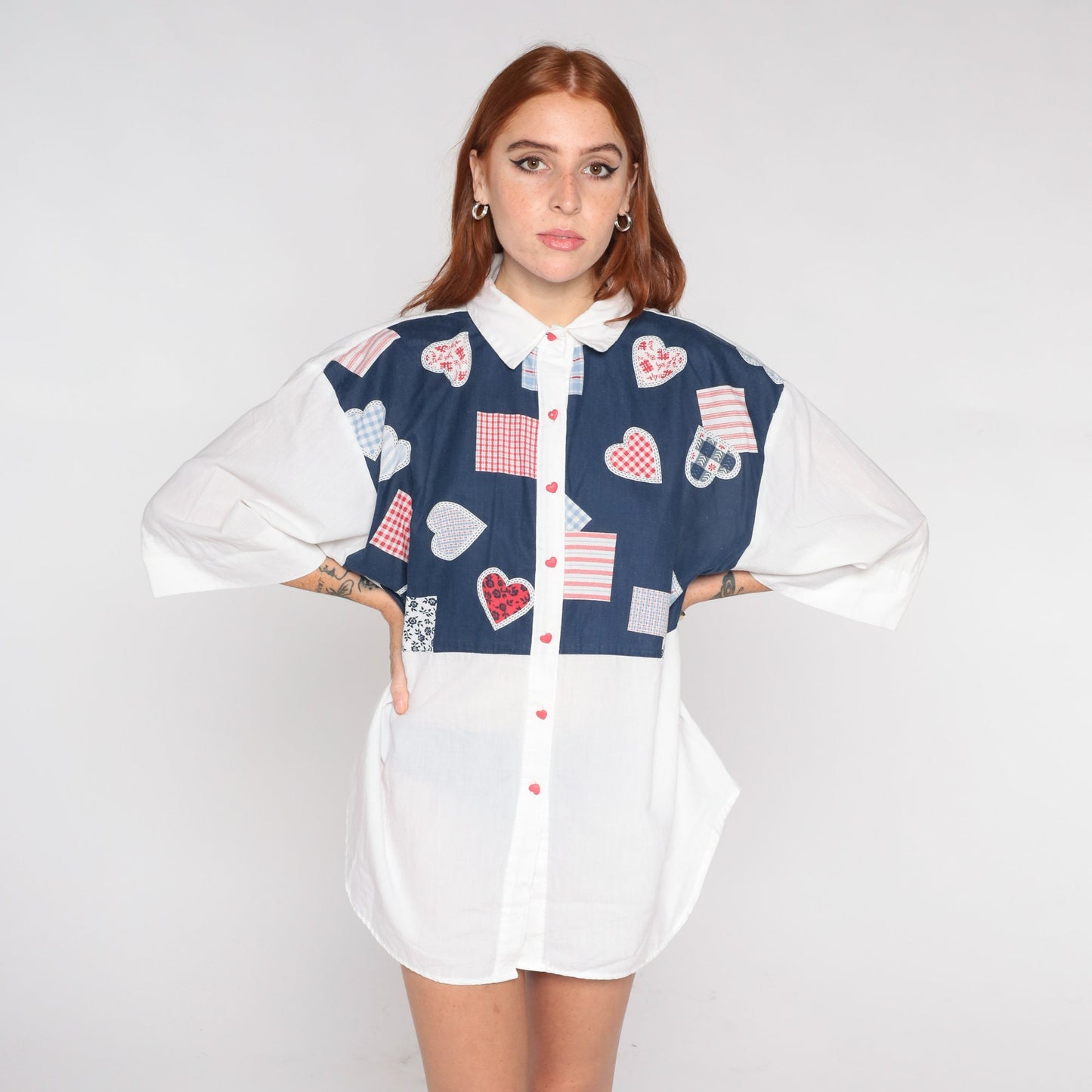 80s Heart Print Button Up Blouse Blue White 3/4 Sleeve Plus Size XXL