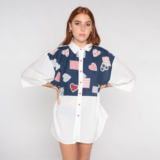 80s Heart Print Button Up Blouse Blue White 3/4 Sleeve Plus Size XXL