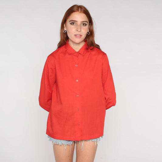 80s Red Button-Up Blouse Collared Long Sleeve Shirt Medium