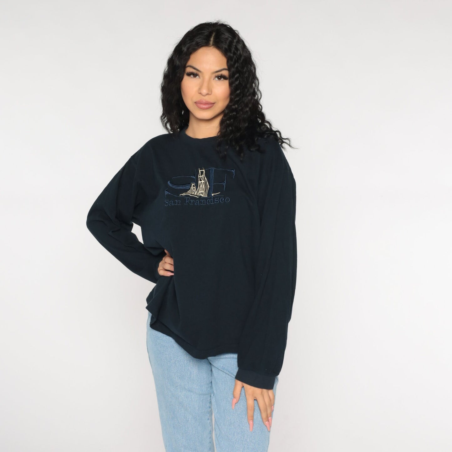 Y2K San Francisco Golden Gate Bridge Embroidered Long Sleeve Tee Navy Extra Large XXL