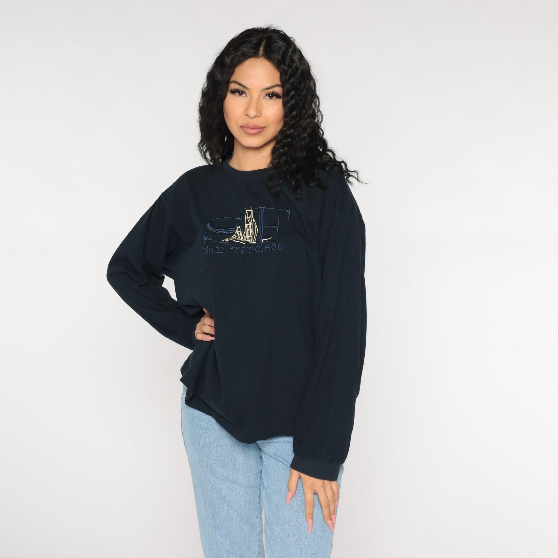 Y2K San Francisco Golden Gate Bridge Embroidered Long Sleeve Tee Navy Extra Large XXL