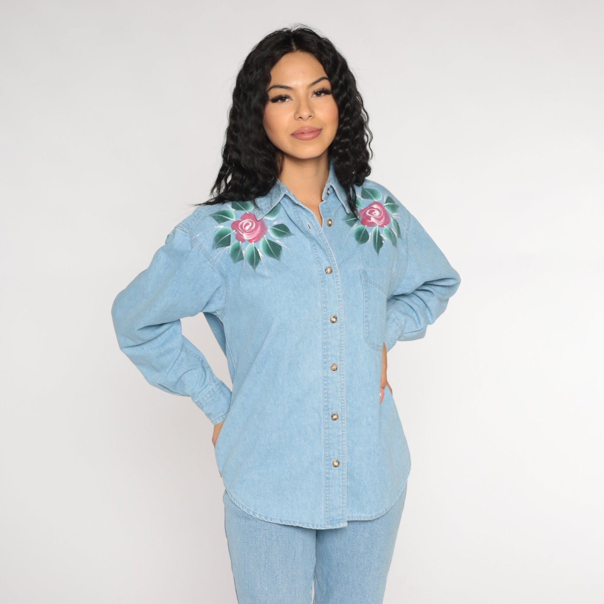 90s Blue Denim Shirt Floral Rose Print Button-Up Blouse Long Sleeve Medium M