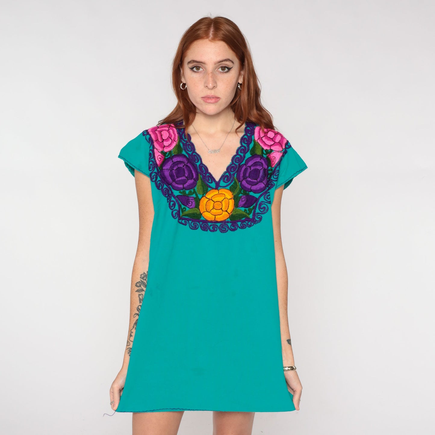 Mexican Embroidered Floral Blouse Teal Green Tunic V-Neck Cap Sleeve Small Medium