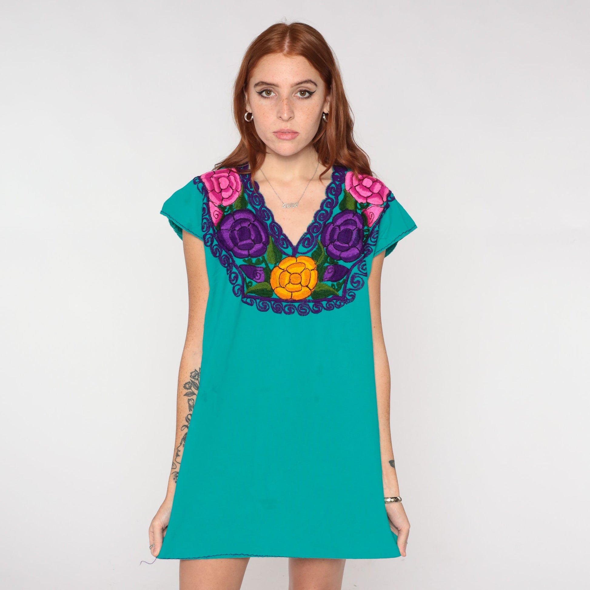 Mexican Embroidered Floral Blouse Teal Green Tunic V-Neck Cap Sleeve Small Medium