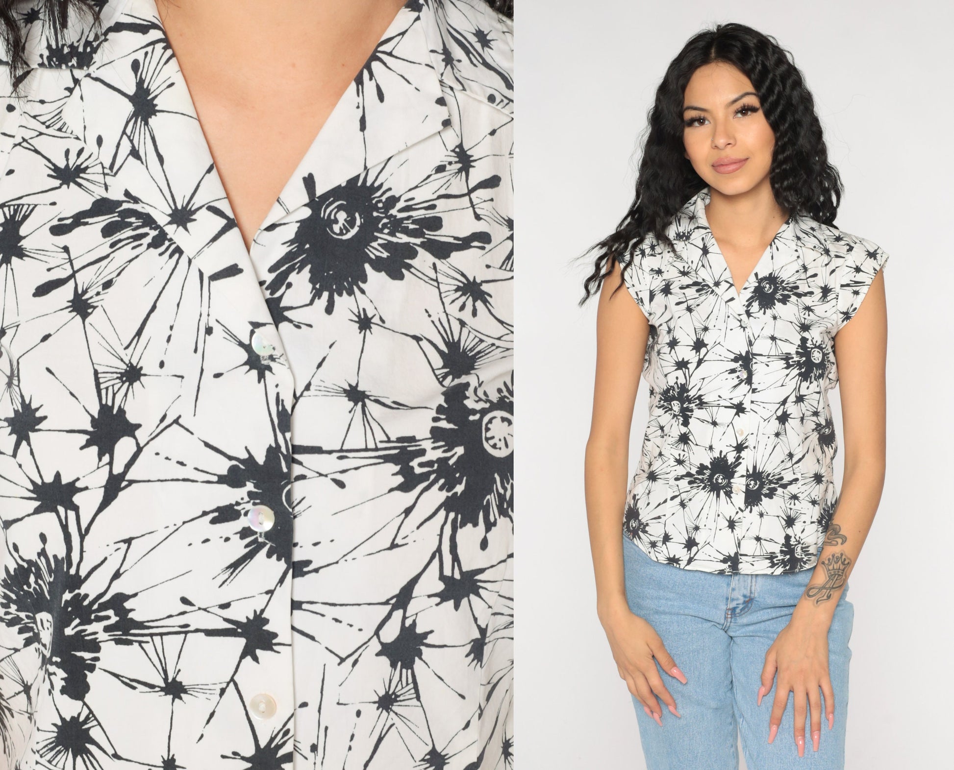 Y2K Abstract Splotch Button-Up Blouse Cap Sleeve White Black Extra Small