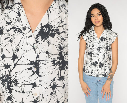 Y2K Abstract Splotch Button-Up Blouse Cap Sleeve White Black Extra Small