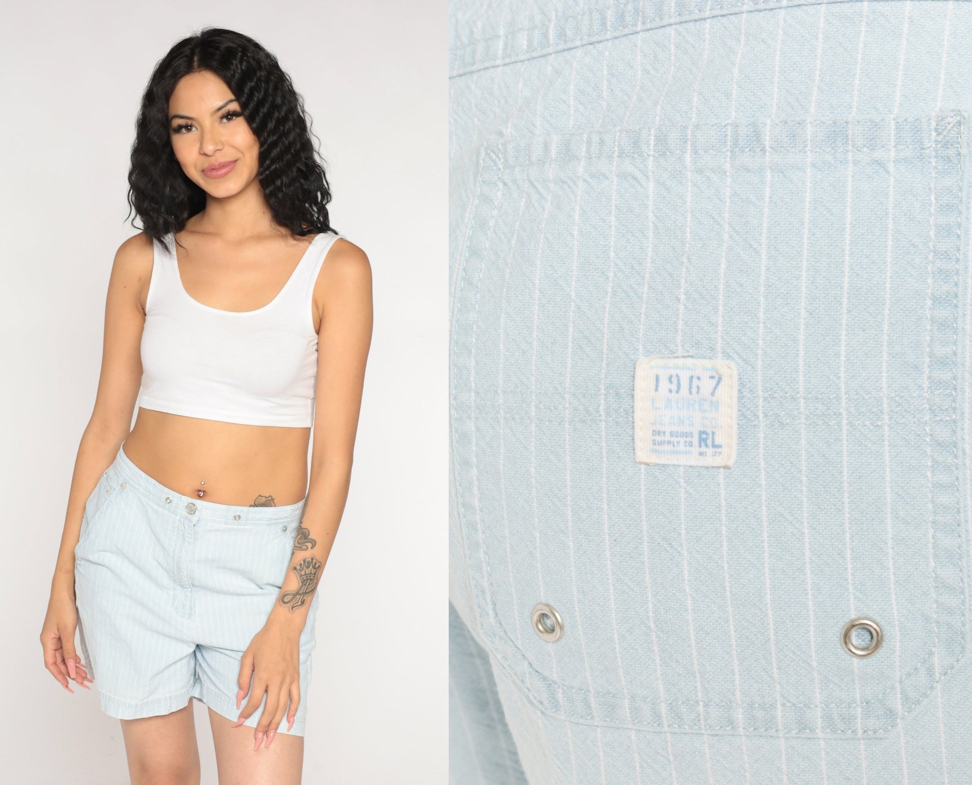 Y2K Ralph Lauren Striped Denim Shorts High Waist Blue White Medium