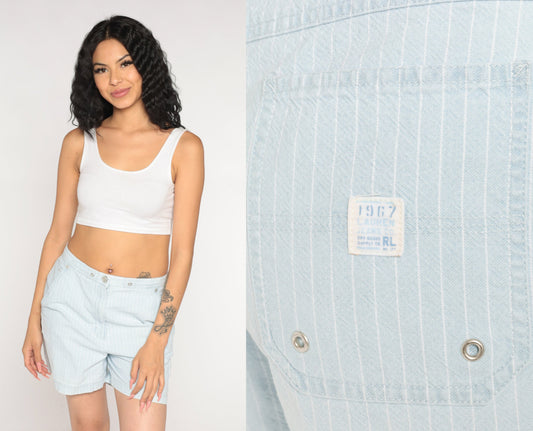 Y2K Ralph Lauren Striped Denim Shorts High Waist Blue White Medium