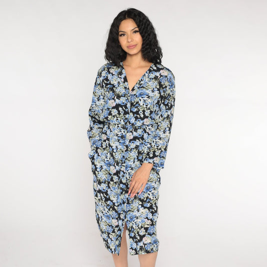 90s Black Floral Midi Dress Button-Up Long Sleeve High Waist Pencil Cut Pockets Small