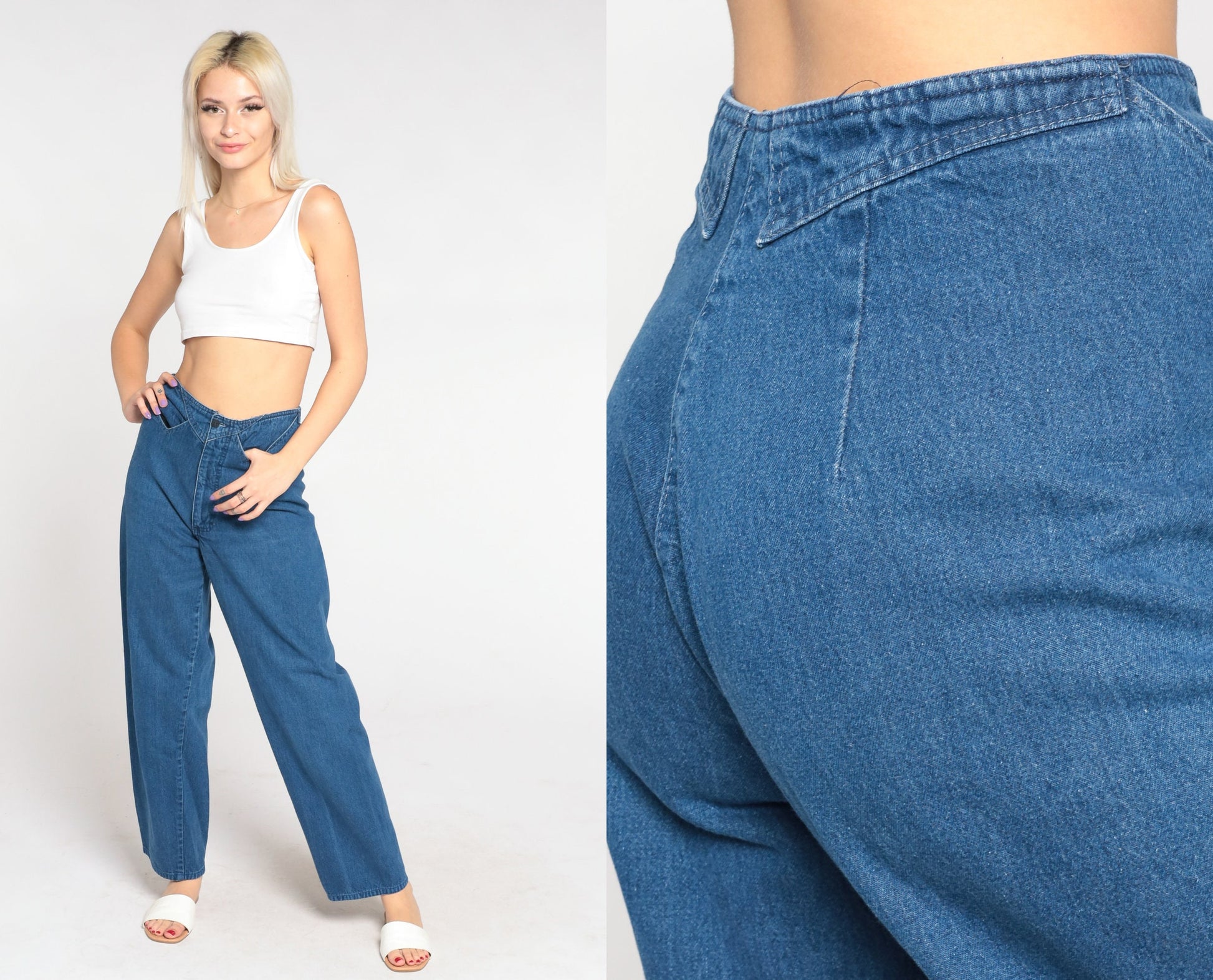 90s High Waisted Straight Leg Jeans Blue Denim Stitchwork Small S