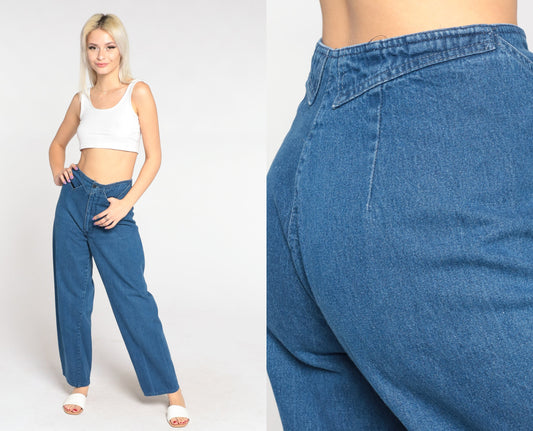 90s High Waisted Straight Leg Jeans Blue Denim Stitchwork Small S