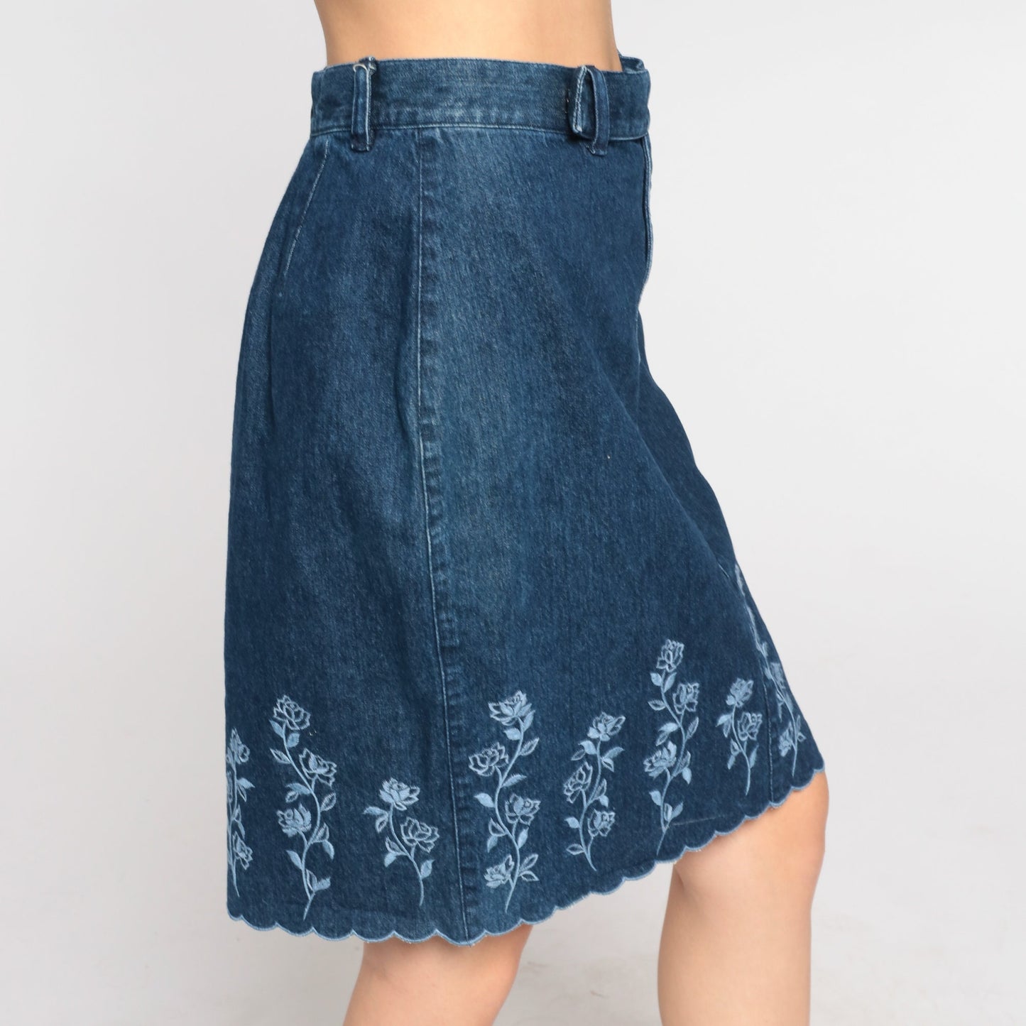 00s Liz Claiborne Floral Embroidered Denim Mini Skirt Dark Blue High Waisted Small