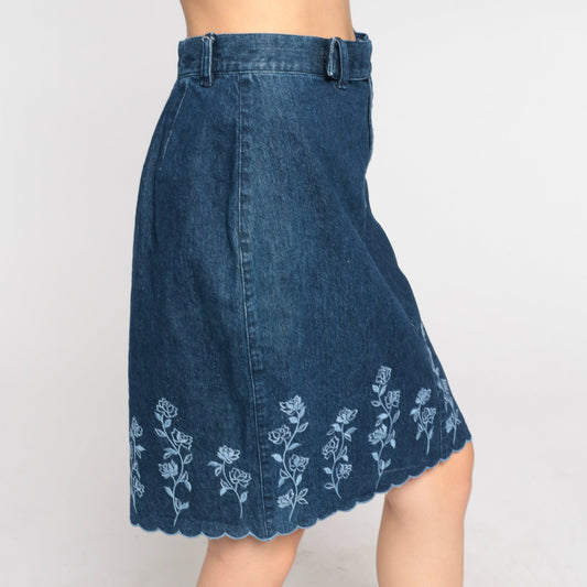 00s Liz Claiborne Floral Embroidered Denim Mini Skirt Dark Blue High Waisted Small