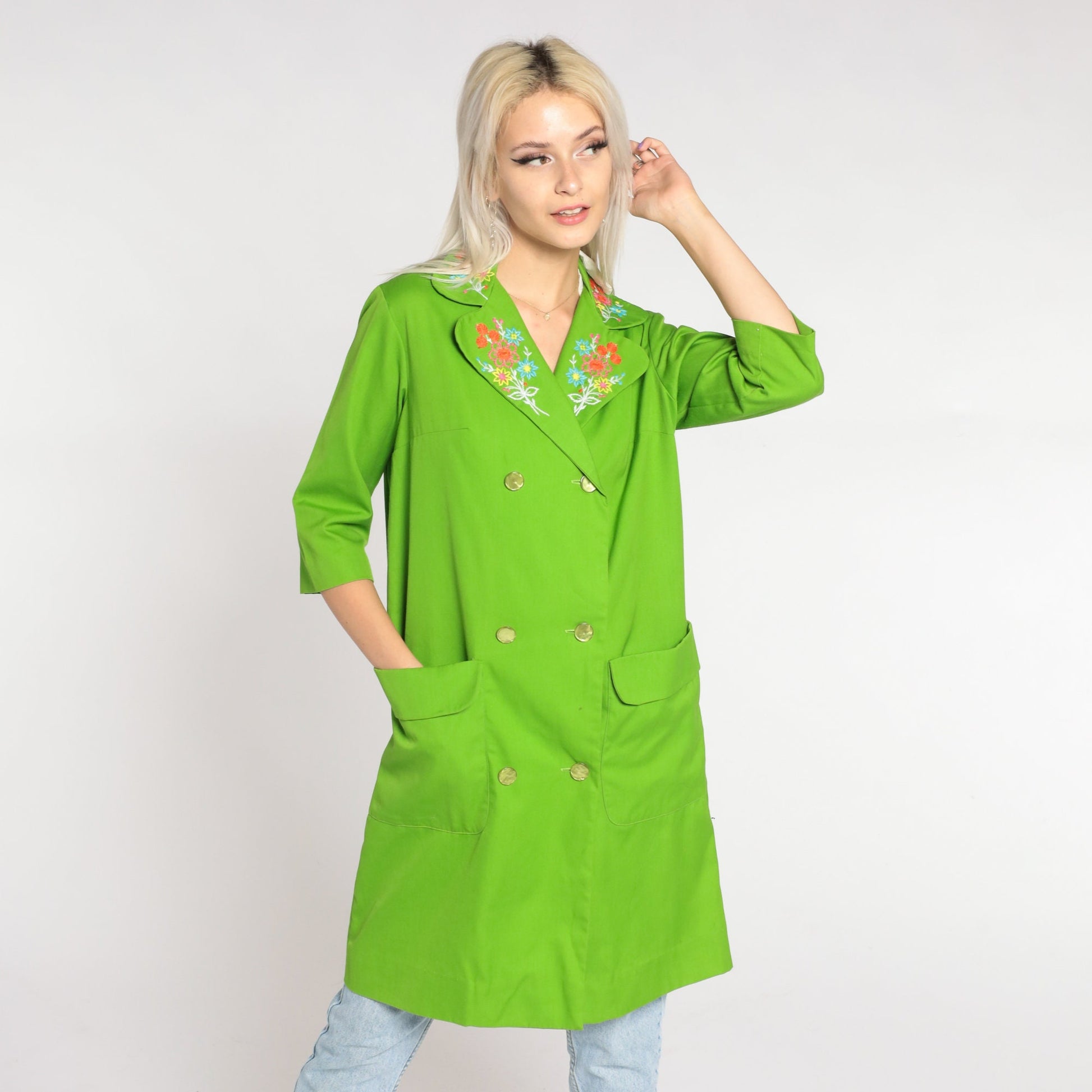 60s Lime Green Floral Embroidered Trench Coat Double Breasted 3/4 Sleeve Small