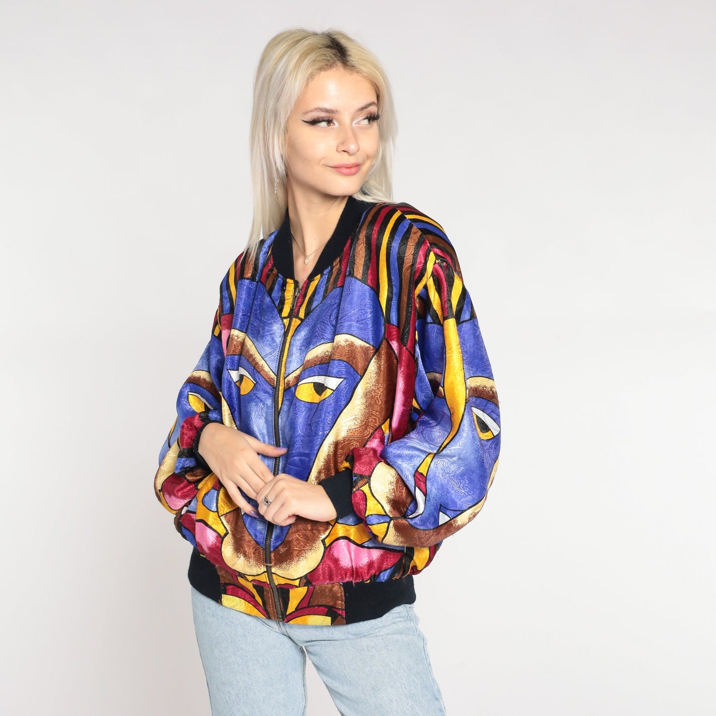 90s Psychedelic Face Print Zip Bomber Jacket Medium Large