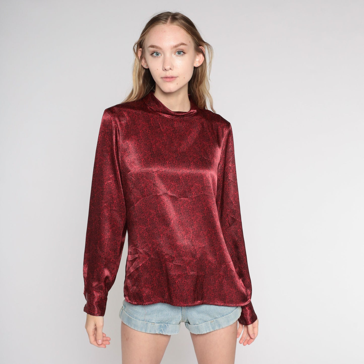 Y2K Dark Red Abstract Dot Print Long Sleeve Blouse Mock Neck Medium 8