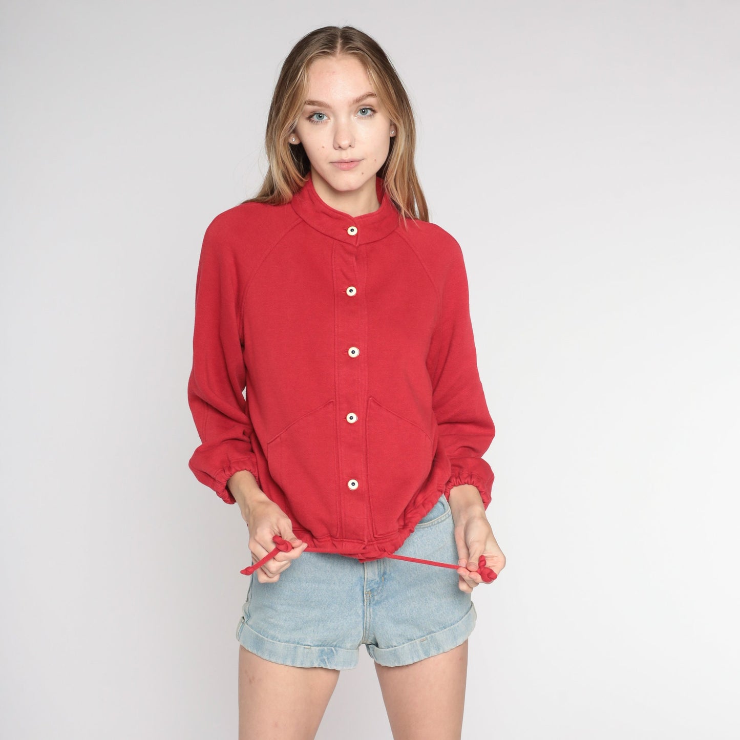 90s Red Cardigan Sweatshirt High Neck Raglan Button Up Small S
