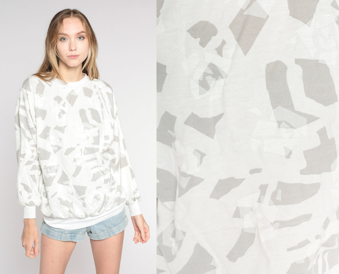 90s White Abstract Print Crewneck Sweatshirt Small S