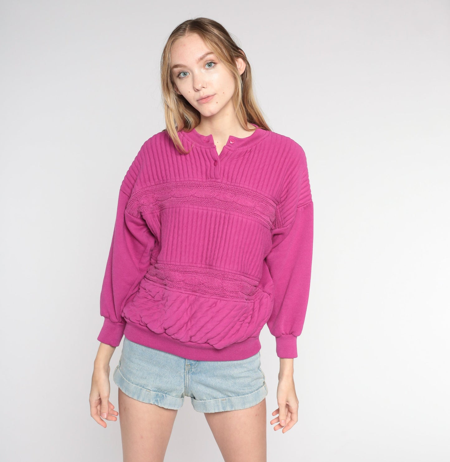 90s Quilted Cable Knit Sweatshirt Fuchsia Henley Pullover Medium M