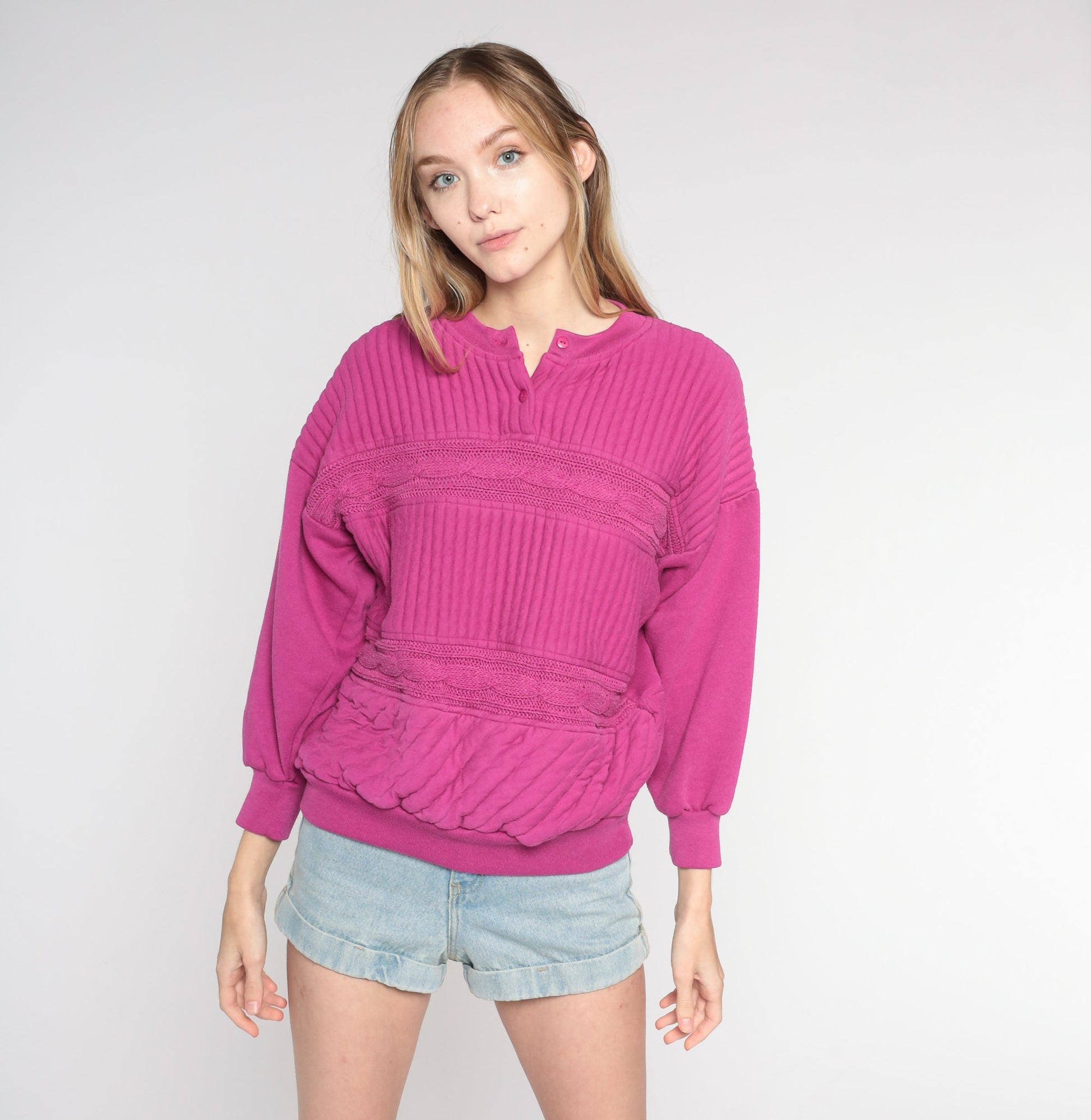 90s Quilted Cable Knit Sweatshirt Fuchsia Henley Pullover Medium M