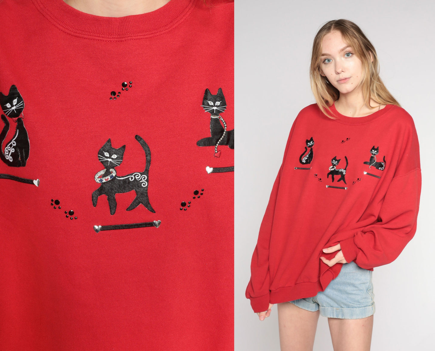 90s Black Cat Rhinestone Red Sweatshirt Plus Size XXL Beaded Paw Print