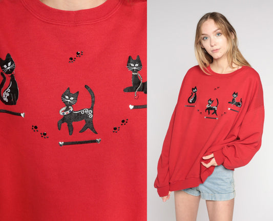 90s Black Cat Rhinestone Red Sweatshirt Plus Size XXL Beaded Paw Print