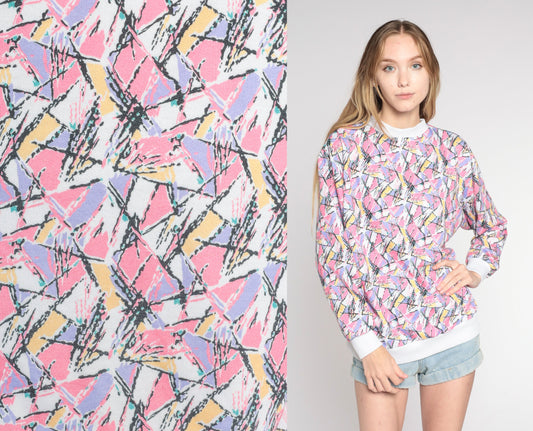 80s Abstract Print Crewneck Sweatshirt Multicolor Pullover Medium M