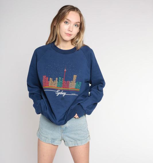 00s Sydney Australia Skyline Graphic Sweatshirt Navy Raglan Crewneck Small