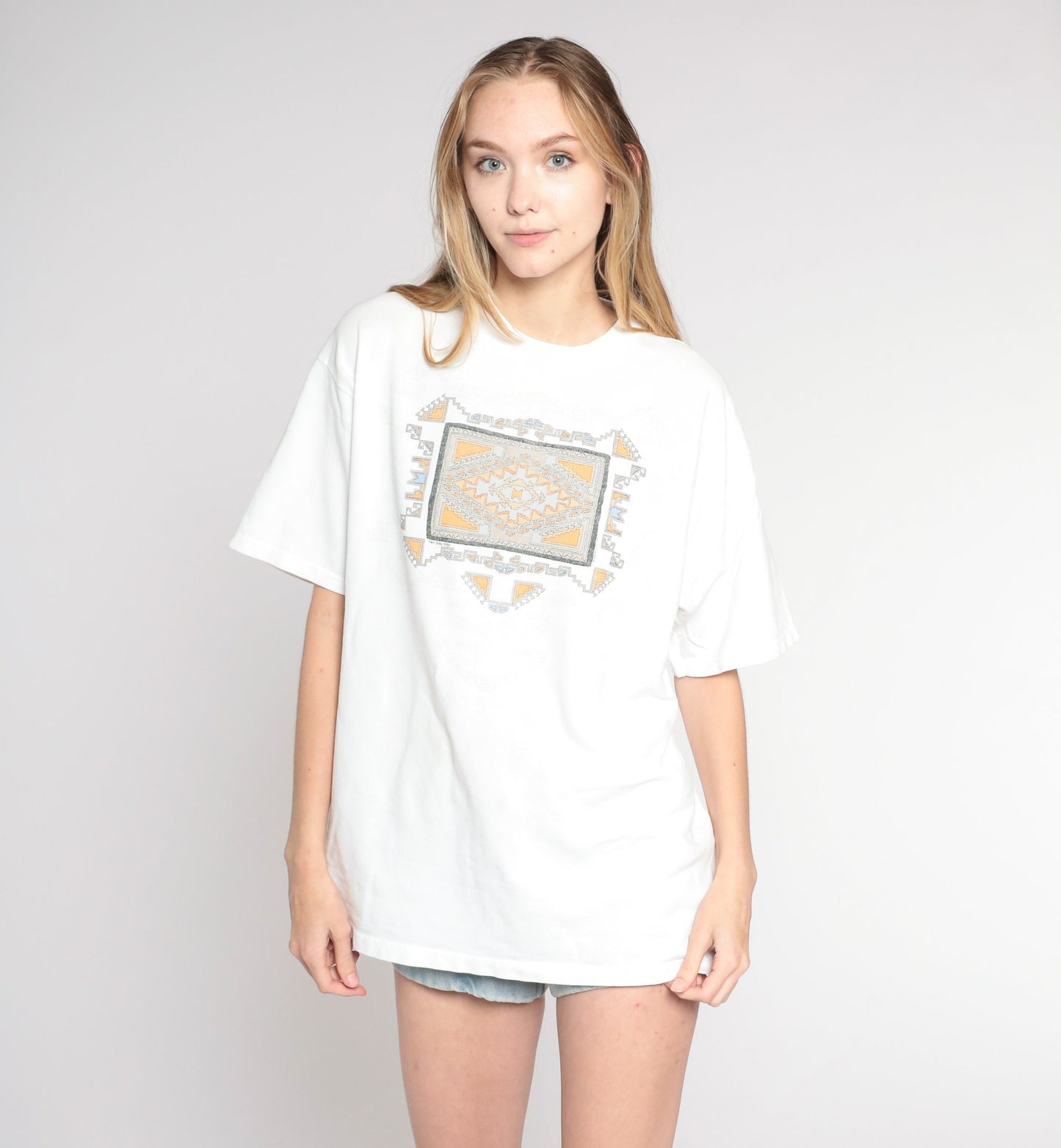 90s Navajo Eye Geometric Print T-Shirt White Cotton Southwestern Graphic Large