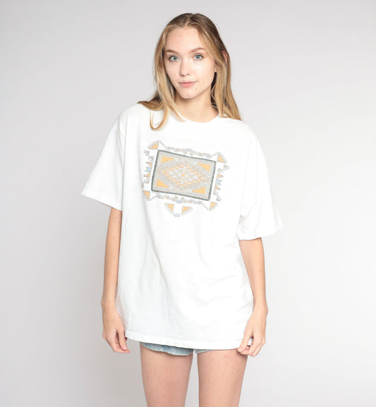 90s Navajo Eye Geometric Print T-Shirt White Cotton Southwestern Graphic Large