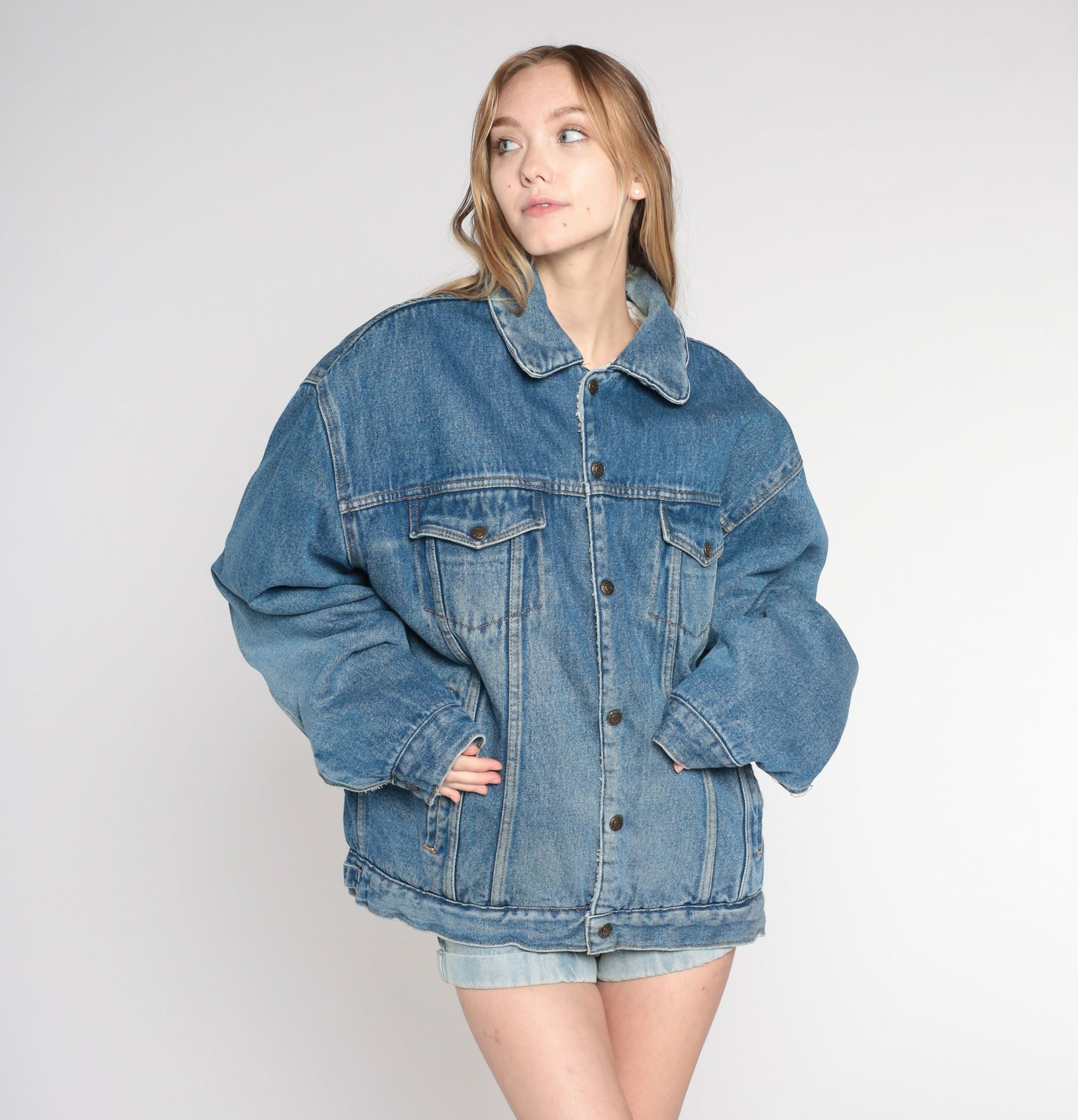90s Blue Denim Shearling Jacket Faux Sherpa Lined Button Up Extra Large