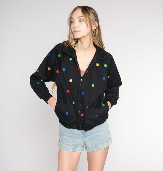 Y2K Black Polka Dot Zip-Up Windbreaker Jacket Small S