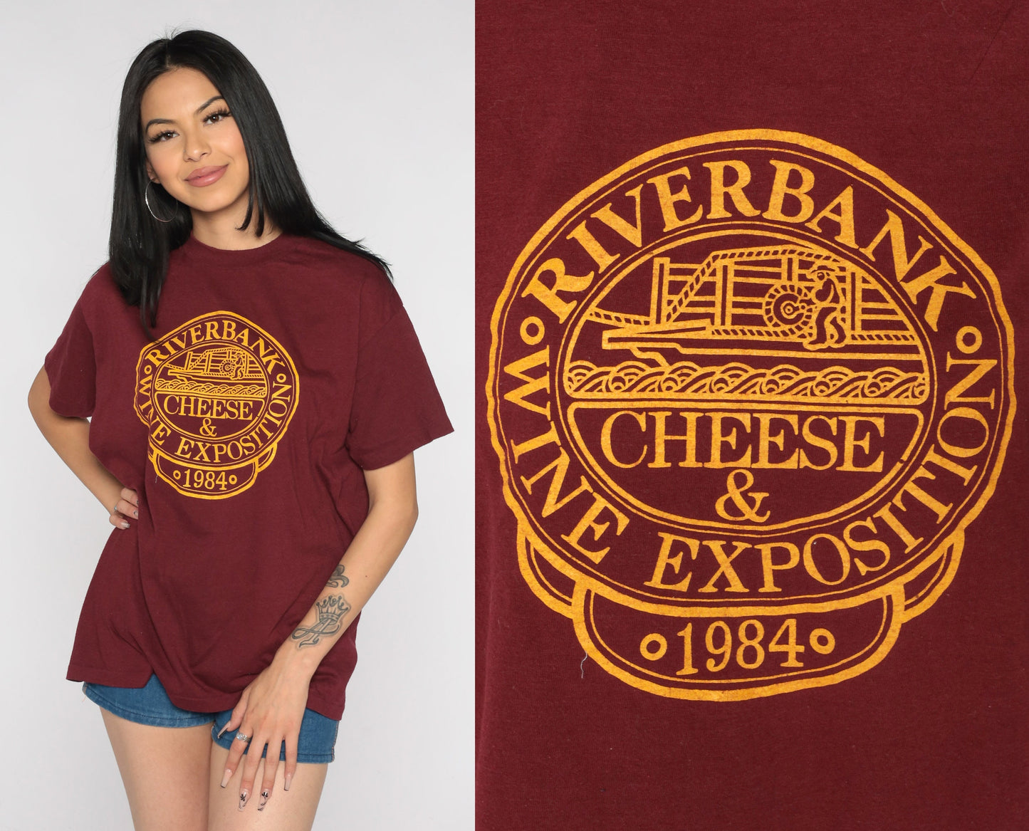 1984 Riverbank Wine & Cheese Exposition Graphic T-Shirt Burgundy Large
