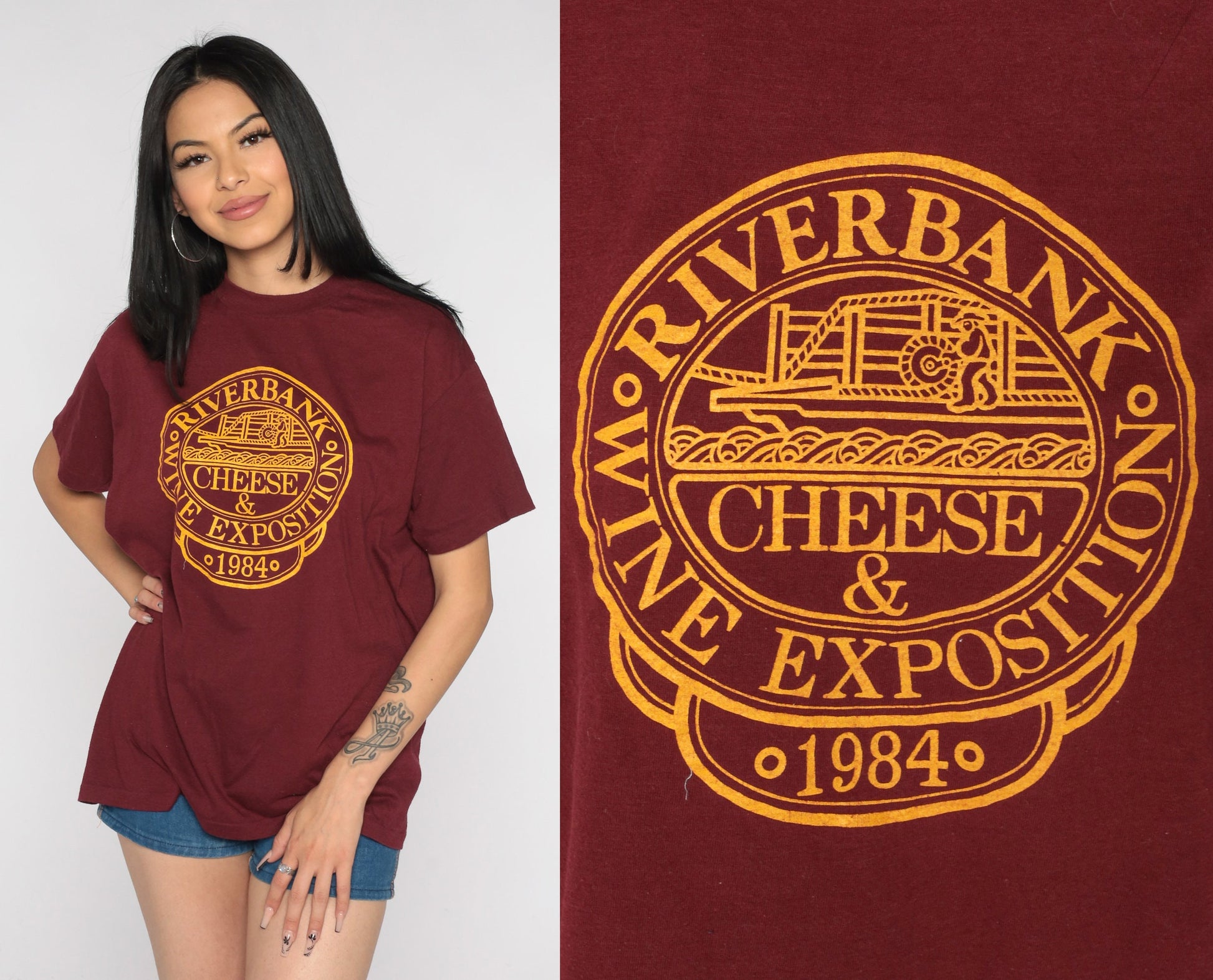 1984 Riverbank Wine & Cheese Exposition Graphic T-Shirt Burgundy Large