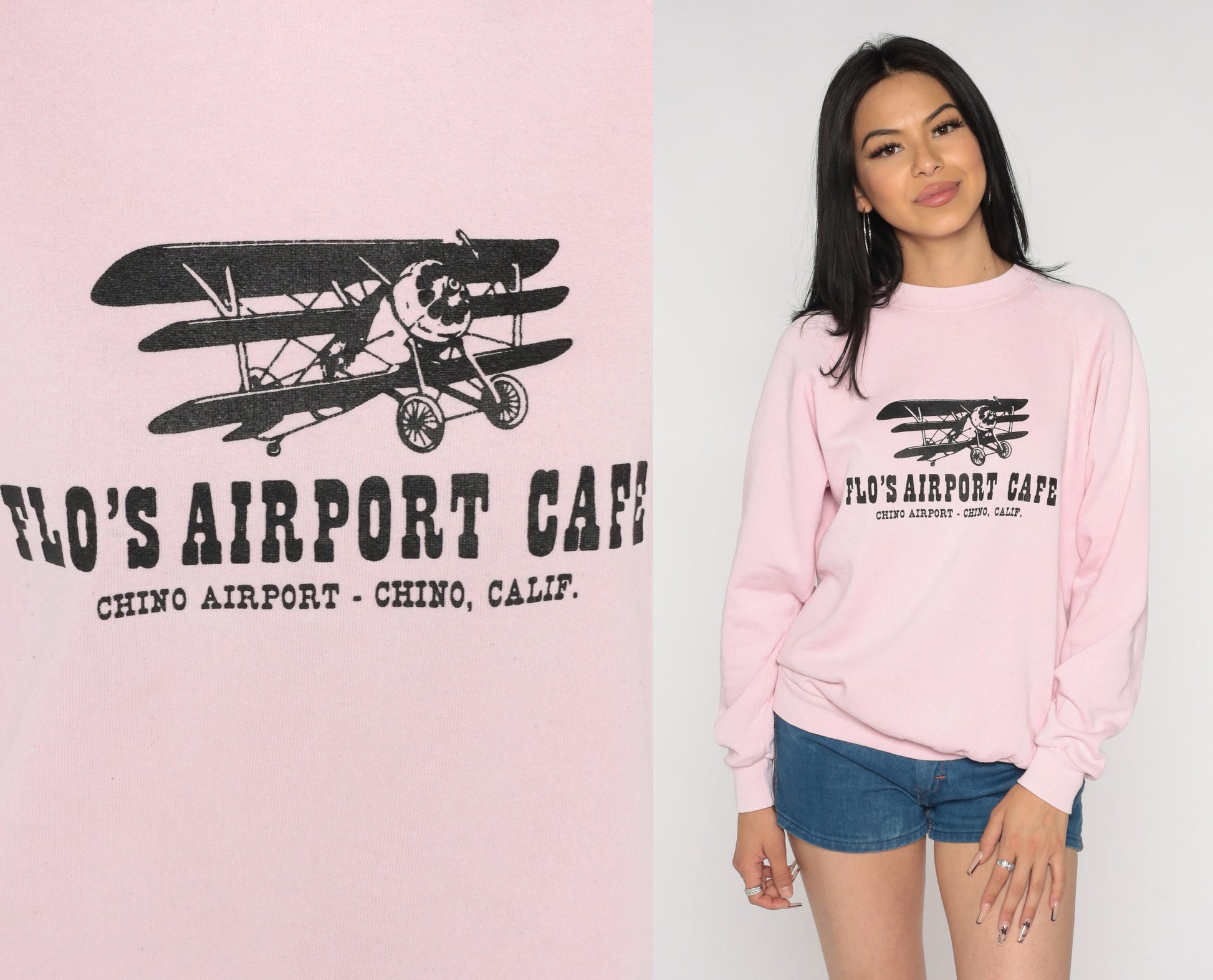 80s Flo's Airport Cafe Graphic Sweatshirt Baby Pink Raglan Large